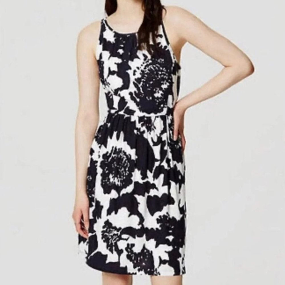 LOFT Monochrome Floral Fit and Flare Dress